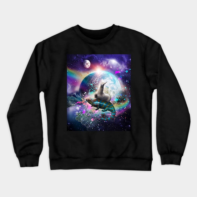 Llama Riding Rainbow Chameleon Lizard In Space Universe Crewneck Sweatshirt by Random Galaxy